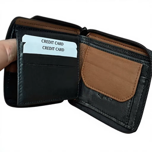 Portefeuille en cuir élégant et mince à deux volets pour hommes Meilleur prix-5 fentes pour cartes Compartiment à monnaie RFID dans la poche avant Fermeture éclair ronde - Product Image 1