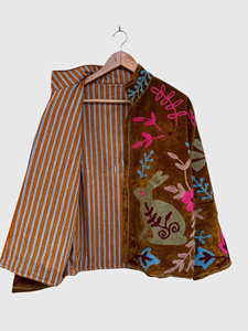 Brown Velvet Embroidered Rabbit Floral Jacket Full Sleeve Stand Collar Adult Women'<b>s</b> Autumn Wear Prairie Chic Style - Product Image 4