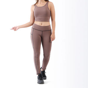 Pantalons de yoga plissés évasés en nylon à taille haute personnalisés pour femmes, ensemble de leggings et soutien-gorge de sport contrastés, tenue de fitness respirante - Product Image 1