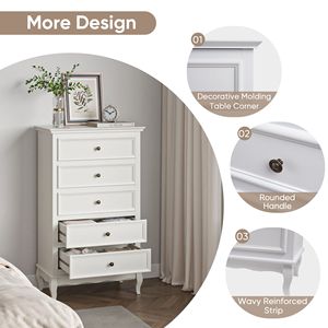 Commode moderne à 5 tiroirs pour chambre à coucher, armoire en bois massif avec finition peinte en blanc et fonctionnalités d'organisation - Product Image 6