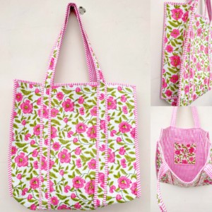 Bolso tote acolchado de algodón floral con ribete a rayas rosas, estilo preppy, bolso de compras con parte superior abierta para mujer - Product Image 1