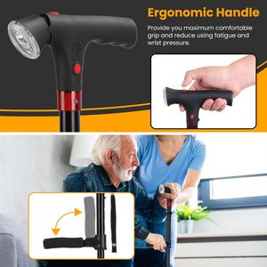 Bastón Plegable con Luz LED, Destello Rojo, Aviso Sonoro SOS, 5 Alturas Ajustables, Base Cuádruple Pivotante, Diseño Plegable y Portátil - Product Image 6