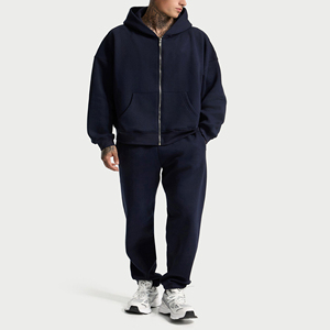 Sweat-shirt à capuche zippé surdimensionné pour homme, en coton molletonné épais, bleu marine, personnalisé, de haute qualité, style décontracté. - Product Image 1