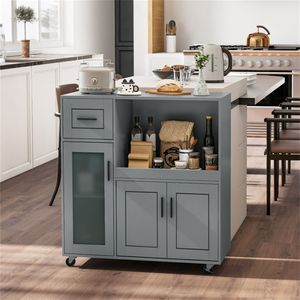 Carrello da Cucina Moderno Grigio con Ruote Girevoli a 360 Gradi, Ripiano per Microonde, Cassetto e Armadietto a 2 Ante in Acciaio e Bambù - Product Image 3