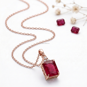 Colgantes y Dijes de Lujo con Rubí Corte Esmeralda, Piedra de Nacimiento de Julio, en Oro Blanco de 14K, Collar de Moda Exclusivo, Último Diseño - Product Image 1