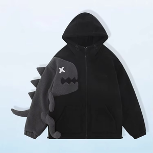 Veste polaire noire à capuche avec broderie appliquée motif dinosaure de dessin animé pour femme, style streetwear, épaisse, décontractée, pour l'hiver - Product Image 1