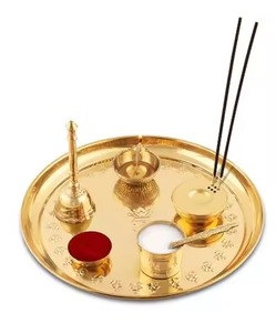 Classic Finish Brass Pooja Thali Vintage Design Spiritual Style <b>Mandir</b> Ritual Plate - Product Image 3