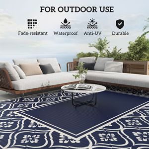 Tappeto Reversibile Impermeabile per Esterni 9FT X 12FT Blu e Bianco con Bordo a Zucca in Paglia e Borsa per il Trasporto - Product Image 6