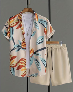 Men's Customizable Woven Floral Print Breathable Shirt Set Short Sleeve Button-Up Top Elastic Waist Shorts Summer Casual Beach - Product Image 1