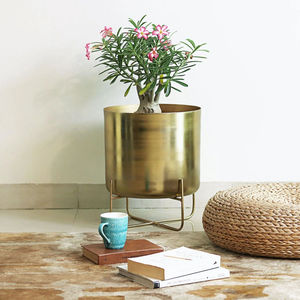 Set of 2 Gold Metal Planters with Black <b>Stands</b> for Indoor <b>Plants</b> Modern <b>Tall</b> Planter Pots for Living Room and Office Decor - Product Image 2