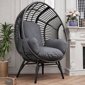 Nuova Poltrona a Uovo in PE Intrecciato Stile Rattan con Cuscino Nero e Grigio per Patio - Product Image 6