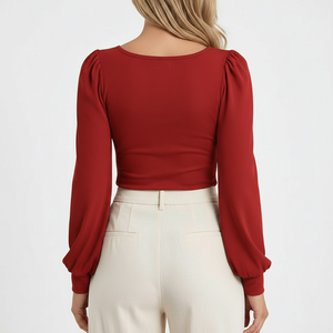 Haut côtelé à col carré et manches longues pour femme, coupe ajustée, en maille douce extensible, style basique moderne, vente en gros OEM - Product Image 2