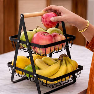 2-Tier Fruit <b>Basket</b> for Kitchen Counter Metal Wire Fruit & <b>Vegetable</b> Stand with Wooden Handle Countertop Organiser for Table - Product Image 3