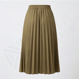 <b>Women's</b> High Waist Elastic Pleated Midi Skirt Solid <b>Khaki</b> A-Line Long Skirt - Product Image 2