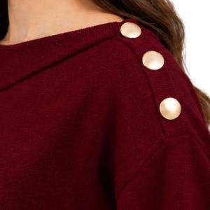 Pull en tricot rouge bordeaux pour femme, détail bouton doré sur l'épaule, col asymétrique, manches longues, pull décontracté élégant, mode d'hiver - Product Image 6