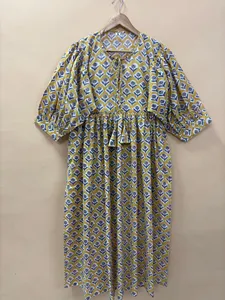 Vintage Yellow Floral Block Print Cotton Midi <b>Dress</b> with Puff Sleeves Tie-Neck <b>Loose</b> Fit Casual Summer <b>Dress</b> For Women - Product Image 2
