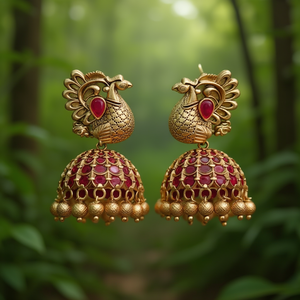 Ruby Kemp Studded Peacock Jhumka Drop Earrings - Product Image 3