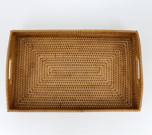 Customized Sizes Hand-Woven Wicker Rattan Decorative Serving <b>Tray</b> <b>Handles</b> High Quality Lacquer Finish Modern Tableware Beverage - Product Image 1