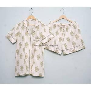 Hermoso y elegante conjunto de pijama corto de algodón hecho a mano en India, con estampado digital vintage, suave, para dormir, para mujer, primavera-verano - Product Image 3