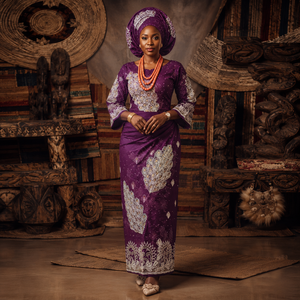 Olive Gold Luxury African Kaftan Dress with Blue Embroidery, Matching Gele Headwrap & <b>Shawl</b> for <b>Wedding</b> Wear - Product Image 4
