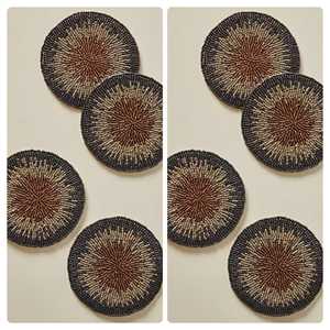 Handmade <b>Beaded</b> Round <b>Coaster</b> Set Brown Radial Design Modern Durable Heat Resistant Table Decor - Product Image 1