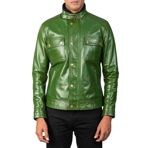 Veste en cuir véritable vert pour homme, col montant, fermeture éclair, style motard - Product Image 5