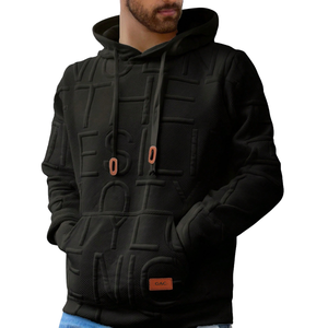 Sudadera con Capucha Negra Texturizada para Hombre, con Letras en Relieve, Capucha con Cordón, Bolsillo Tipo Canguro, Manga Larga, Estilo Urbano - Product Image 1