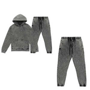 Men's Casual Solid Acid <b>Washed</b> 100% Cotton Eco-Friendly Fleece Lining Tracksuits Sweatpants Hoodie Set - Product Image 4