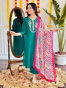 Women's Most Trending Sea Green Viscose Chanderi <b>Kurti</b> Embroidered with Viscose Pant And Printed Dupatta Sets - Product Image 2