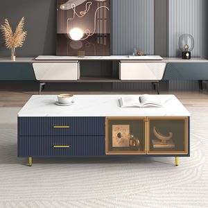 Tavolino da Caffè Moderno Multicolore con Illuminazione, 2 Ante in Vetro, 4 Cassetti e Gambe in Metallo Dorato, 120 cm - Product Image 1