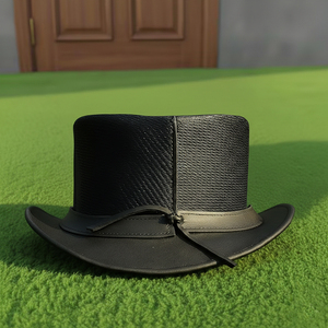 Sombrero de copa unisex de cuero negro hecho a mano de primera calidad con diseño de llamas y estilo gótico de calavera - Product Image 3