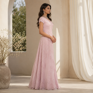 Robe Anarkali de luxe rose brodée de fleurs pour femme – Tenue de soirée élégante, robe longue de créateur pour réception de mariage et soirée - Product Image 4