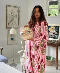 Floral Print <b>Kaftan</b> Maxi Dress V-neck Long Sleeve Loose Fit 100% Cotton <b>Summer</b> Casual Simple Lady's Woven Breathable - Product Image 4