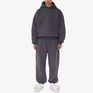 Survêtement gris à capuche pour homme, manches longues, couleur unie, coupe ample, décontracté, pour l'automne, 100 % coton, avec cordon de serrage et poches latérales - Product Image 1