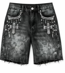 Pantalones Cortos de Mezclilla para Hombre, Personalizados con Logotipo, Marca Privada, Alta Calidad, Estilo Y2K, Cierre de Cremallera, 100% Algodón, con Pedrería - Product Image 2