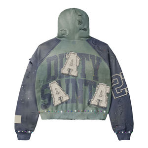 Custom 400gsm Winter Woven Vintage <b>Oversize</b> Distressed Rhinestone Acid Wash 100% Cotton Quick Dry Tracksuit Flared <b>Jogger</b> - Product Image 3