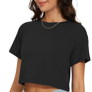 T-shirt court ajusté pour femme en coton extensible à manches courtes, haut court basique décontracté pour femme, tee-shirt d'été personnalisé avec logo OEM - Product Image 1