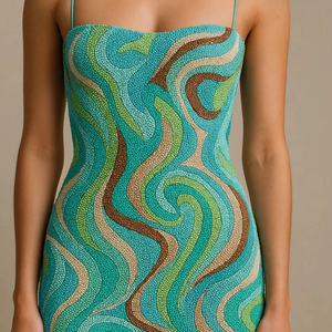 Colorful Geometric Embroidered Ladies Tunic Casual Sexy Beach Cover-Up Dress Washable Chiffon Pattern Made with Glass Beads - Product Image 1