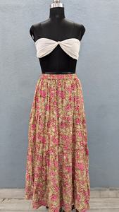 Elegant beige floral tiered <b>skirt</b> crafted in soft breathable fabric charming pink blossoms delicate green foliage <b>prints</b> - Product Image 2