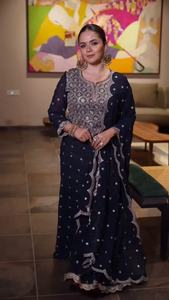 Salwar Kameez en soie à manches longues de style indien pakistanais pour femmes, imprimé fantaisie, vêtements de fête modernes - Product Image 2