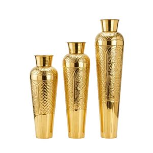 Ensemble de 3 vases à fleurs en métal finition laiton doré de luxe, vases décoratifs à motifs floraux pour la maison, l'hôtel, la table de mariage - Product Image 1