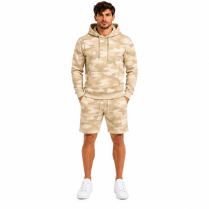 Ensemble sweat à capuche et short imprimé camouflage pour homme, en coton léger, style streetwear décontracté, tenue de sport assortie, coupe régulière, pour l'automne - Product Image 1