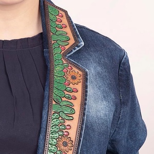 Women Denim Coat with Hand Tooling Carving Western <b>Leather</b> <b>Jacket</b> Western Sport <b>Jacket</b> Women Sport <b>Blazer</b> Womens <b>Leather</b> <b>Jacket</b> - Product Image 4
