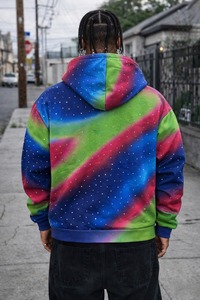 Sweat à capuche personnalisé tendance avec strass, 100 % coton, pour homme, zippé, tie-dye, épais, veste arc-en-ciel personnalisée avec strass - Product Image 3
