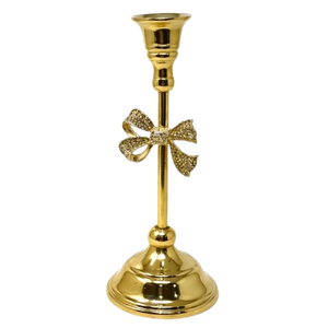 Elegant Gold Aluminum Candlestick <b>Holder</b> with Sparkling Crystal <b>Bow</b> Accent Modern Taper Candle Stand Wedding and Home Table De - Product Image 1