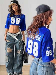 Maillot de football américain pour femme, manches longues, crop top sportif, maillot court en mesh avec numéro, style Y2K années 90, col en V, tee-shirt graphique streetwear - Product Image 5