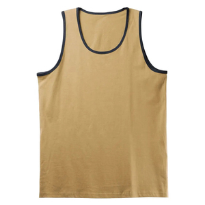 Men's Solid Color Knitted Tank <b>Top</b> O-Neck Casual Style Beige with Dark Trim - Product Image 6