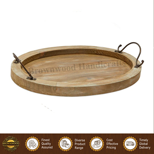 Plateau de service ovale en bois de manguier rustique avec poignées en métal, fait main, décoratif, brun clair, pour usage domestique à prix abordable - Product Image 5