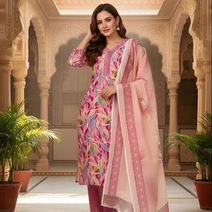 Conjunto de traje de mezcla de algodón rosa premium, kurta recta con cuello en V, pantalón parcialmente elástico con bolsillo, solo venta al por mayor - Product Image 1