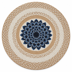 Alfombra Ovalada Personalizable 100% de Yute Ecológica de 5x7 Pies, Color Beige Natural, Diseño a Cuadros Grises, Tejido Geométrico de Pelo Plano - Product Image 1
